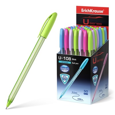 Ручка шариковая ErichKrause U-108 Spring Stick Ultra Glide, игольчатый узел 0,7 мм, синяя, мягкое и комфортное письмо, микс