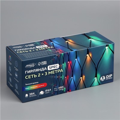 Гирлянда «Сеть» 2 х 3 м, IP44, УМС, тёмная нить, 384 LED, свечение мульти, 220 В