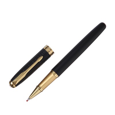 Ручка подарочная роллер, в кожзам футляре, корпус матовый черный, золото