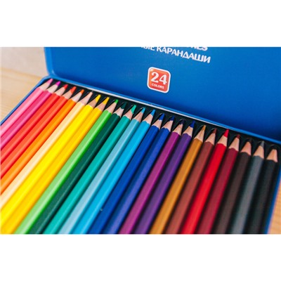 Карандаши 24 цвета ErichKrause ArtBerry премиум, дерево, шестигранные, яркий и мягкий грифель 3.0 мм, металлическая коробка