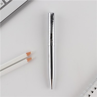 Ручка шариковая синяя паста 0.1 мм, металл рифлёная цвет серебро