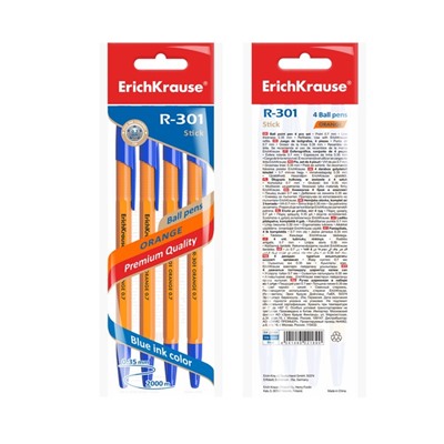 Набор ручек шариковых 4 штуки ErichKrause R-301 orange, узел 0.7 мм, чернила синие, длина линии письма 2000 метров, европодвес