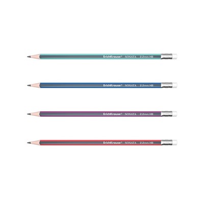 Набор чернографитных карандашей с ластиком 4 штуки ErichKrause Sonata, HB, грифель d=2.2 мм, дерево, трехгранные в блистере, микс