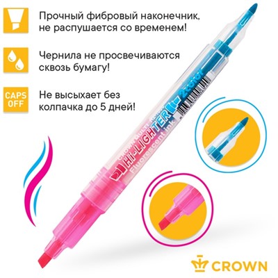Набор маркеров-текстовыделителей 6 цветов, 2/3 мм, Crown "Multi Hi-Lighter Twin", 3 штуки, двухсторонние, блистер