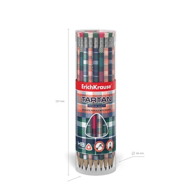 Карандаш чернографитный с ластиком ErichKrause "Tartan", HB, грифель d=2.2 мм, дерево, трeхгранный с принтом, в тубусе, микс