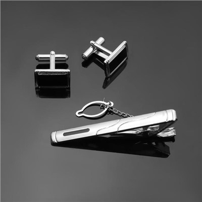 Набор мужской "Запонки + Зажим для галстука" прямоугольник с эмалью, цвет чёрно-серебристый