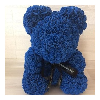 Мишка ручной работы из сотен роз с ленточкой 25 см. синий Оригинал в коробке