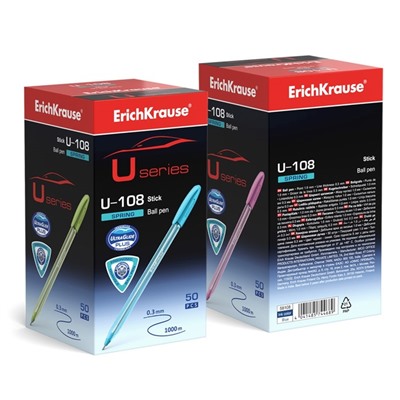 Ручка шариковая ErichKrause U-108 Spring Stick Ultra Glide, игольчатый узел 0,7 мм, синяя, мягкое и комфортное письмо, микс