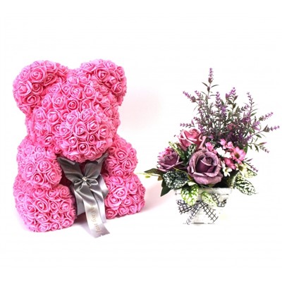 Мишка ручной работы из сотен роз с ленточкой большой розовый Оригинал в коробке
