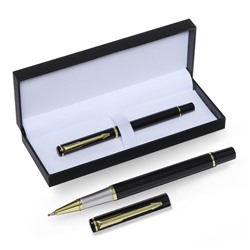 Ручка подарочная роллер в кожзам футляре, корпус черный, золото, серебро