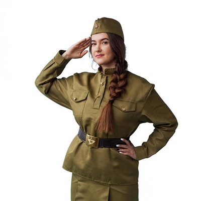 Карнавальный костюм «Солдаточка», пилотка, гимнастёрка, ремень, р. 52-54