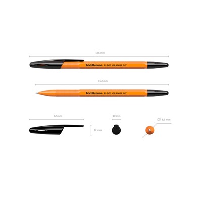 Ручка шариковая Erich Krause R-301 Orange Stick, узел 0.7 мм, чернила чёрные, длина линии письма 2000 метров, штрихкод на ручке