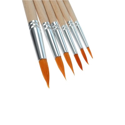 Набор кистей, нейлон, круглые, 6 шт.: №2, 4, 6, 8, 10, 12, с деревянными ручками, на блистере