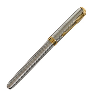 Ручка подарочная шариковая в кожзам футляре, корпус серебро с золотом