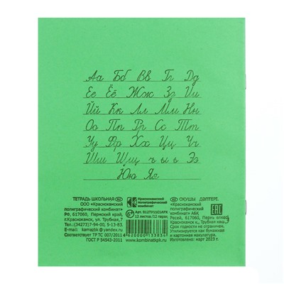 Тетрадь 12 листов линейка "Зелёная обложка", плотность 60 г/м2, белизна 90-95%