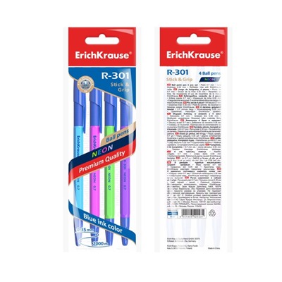 Набор ручек шариковых 4 штуки ErichKrause R-301 Neon Stick & Grip, узел 0.7 мм, чернила синие, резиновый упор, длина линии письма 1000 метров, европодвес