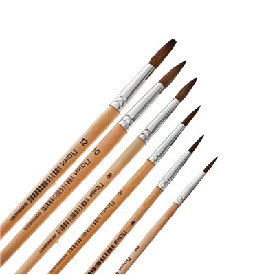 Набор кистей пони 6 штук (круглые:№ 2, 4, 6, 8, 10, 12), с деревянными ручками, на блистере