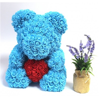 Мишка ручной работы из сотен роз с сердцем большой голубой Оригинал в коробке