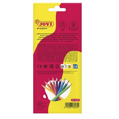 Карандаши 12 цветов JOVI Wood-less, трёхгранные, заточенные, грифель 3 мм, пластиковые, в картонной коробке с европодвесом, микс