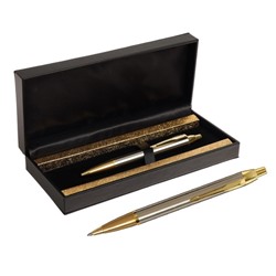 Ручка подарочная шариковая в кожзам футляре, автоматическая, корпус золото, серебро
