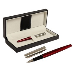 Ручка подарочная перьевая в кожзам футляре, корпус бордо с серебром