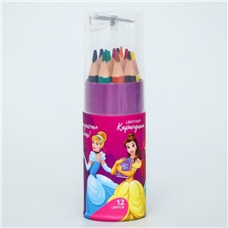 Цветные карандаши в тубусе, 12 цветов, круглые, Принцессы
