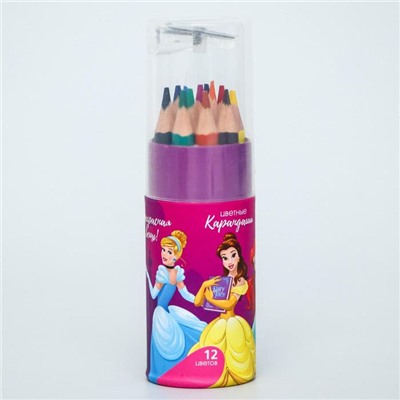 Цветные карандаши в тубусе, 12 цветов, круглые, Принцессы