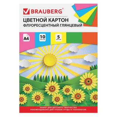 Картон цветной А4 мелованный, флуоресцентный, 10 листов, 5 цветов, в папке, BRAUBERG, «Лето»