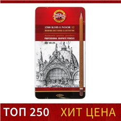 Набор карандашей чернографитных разной твердости 12 штук Koh-i-Noor 1502/II, 8B-2H, в металлическом пенале