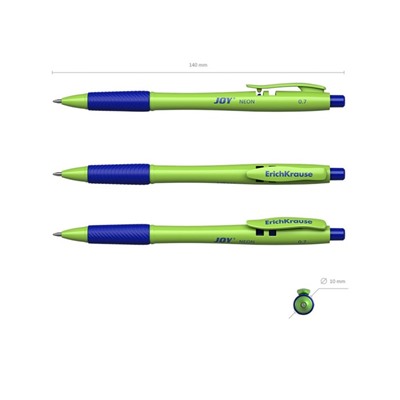 Набор ручек шариковых автоматических 3 штуки Ultra Glide Technology JOY Neon, резиновый упор, узел 0.7 мм, чернила синие, длина линии письма 1300 метров, европодвес