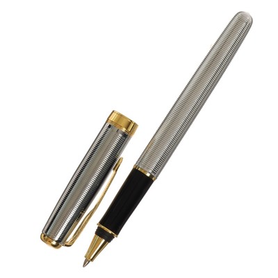 Ручка подарочная шариковая в кожзам футляре, корпус серебро с золотом