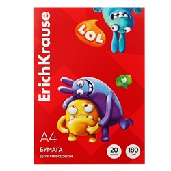 Бумага для акварели А4, 20 листов, блок 180 г/м², ErichKrause "Jolly Friends", 100% белизна, в картонной папке